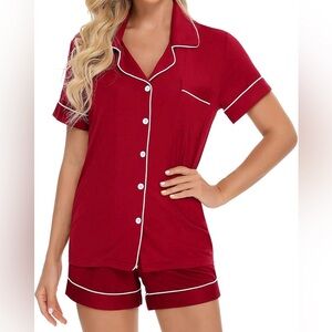 Elegant Red Women's Pajama Set with White Trim - Small